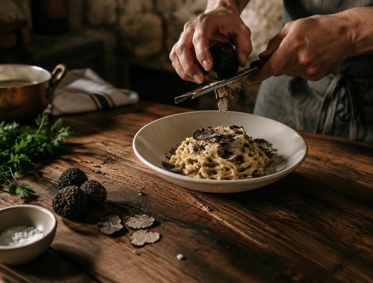 Cozinheiro finalizando massa fresca com trufas