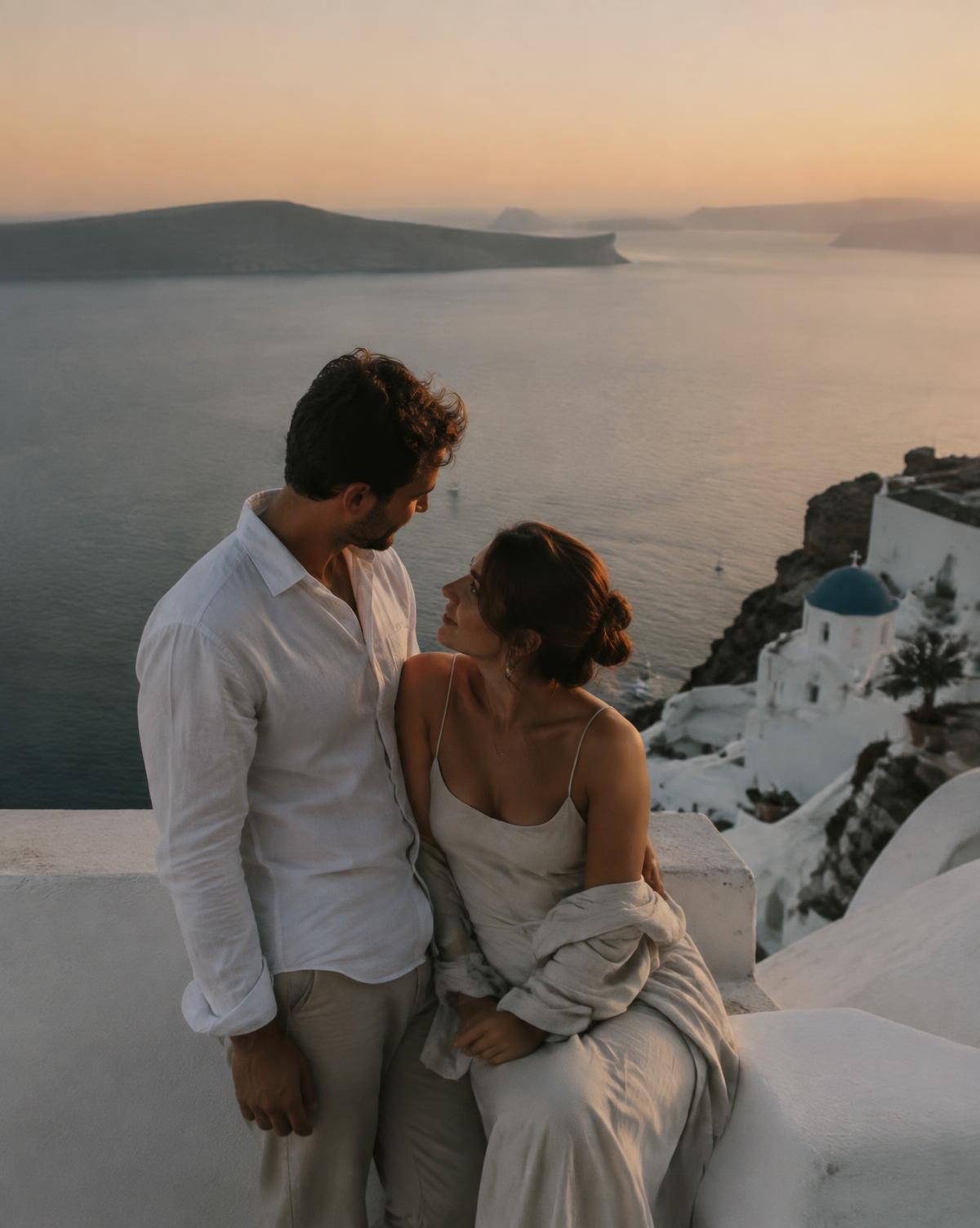 Casal em terraço de ilha grega ao fim da tarde