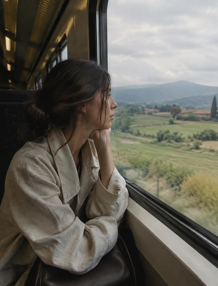 Viajante observando a paisagem pela janela de um trem na Europa