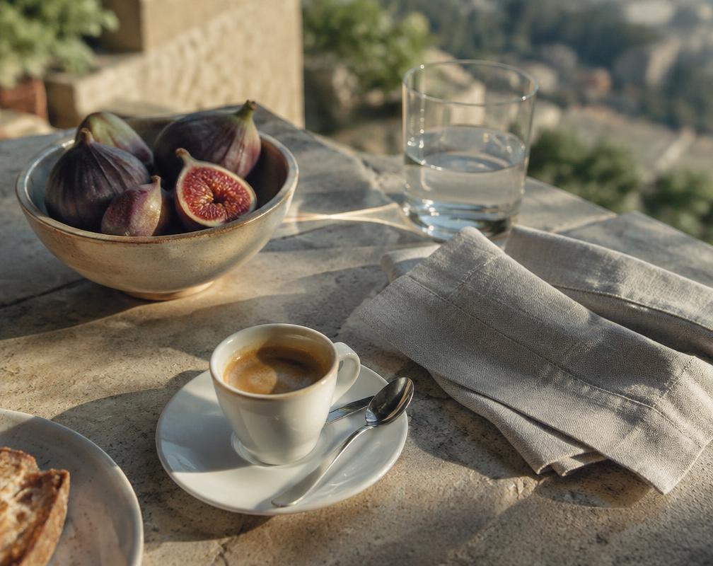 Mesa de café da manhã em terraço de pedra com luz da manhã